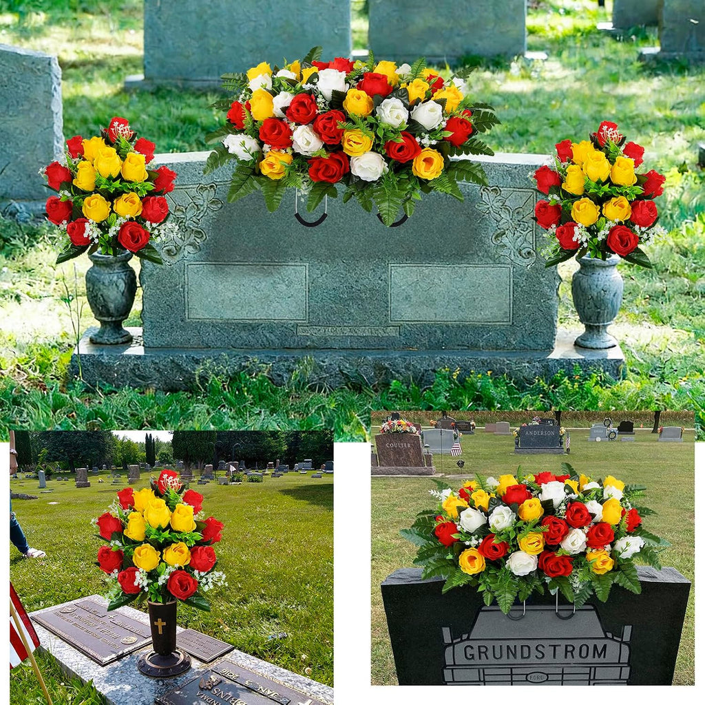 Artificial Cemetery Flowers Saddle Grave Memorial Rose Flowers with Vase for Cemetery Headstones Gravesites Decoration (White&Red&Yellow, 1 Saddle & 2Bouquets with Vase)