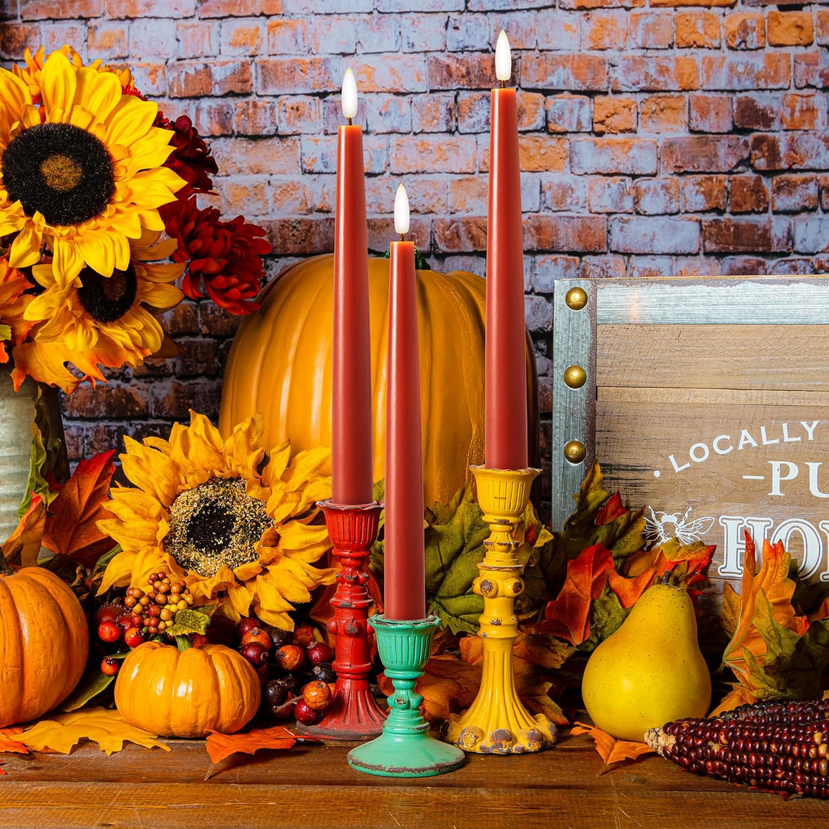 Fall Taper Candles Flameless Burnt Orange Candle Sticks, Terracotta, 3 Pack