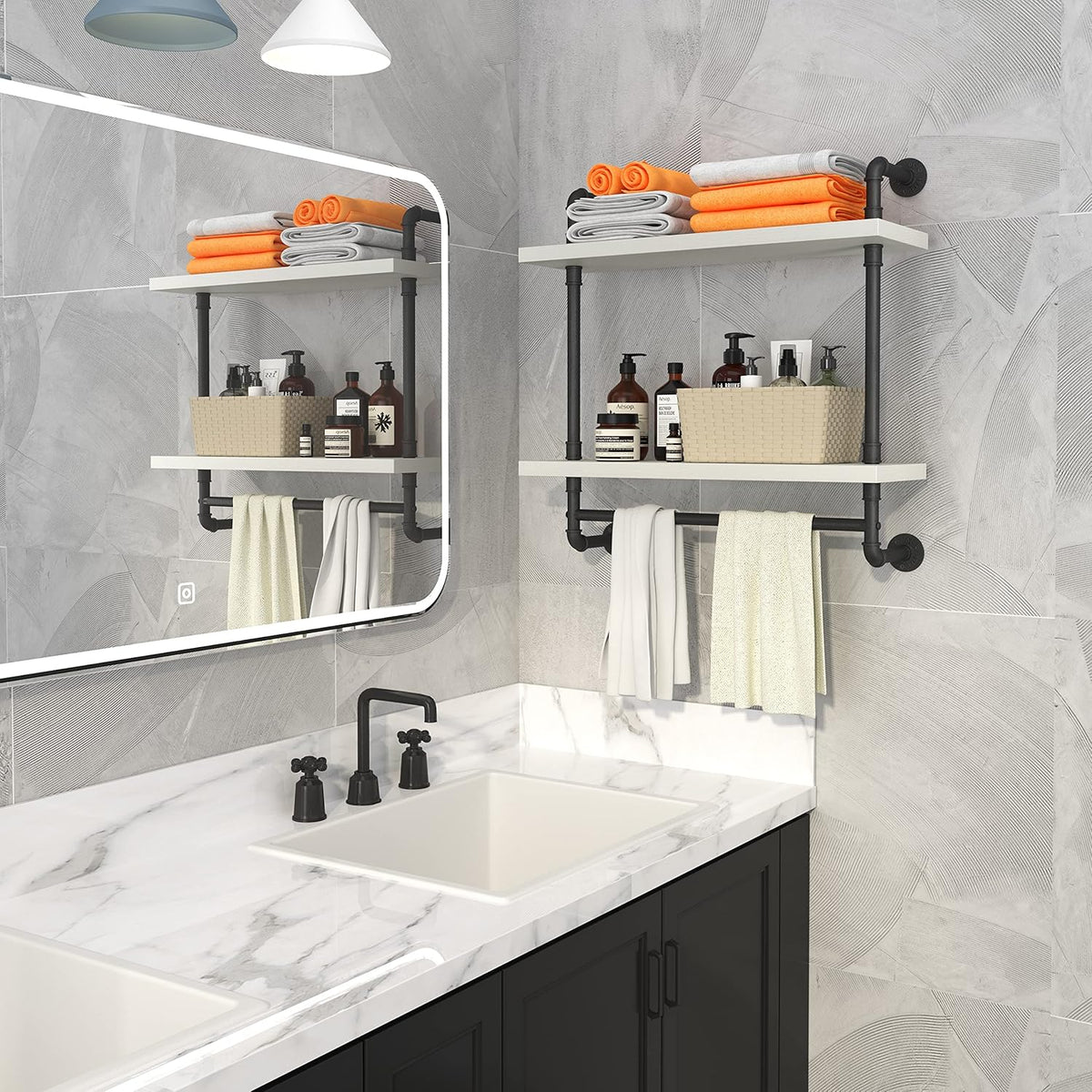Helsin 24inch Industrial Pipe Shelving Bathroom Shelves Wall Mounted with Towel bar, 2 Tier Rustic Wood Floating Shelf, Metal Towel Rack Wall Shelf for Home & Bathroom (White, 24inch)