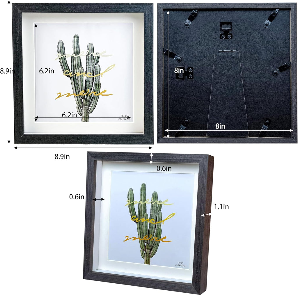 Black 8x8 Shadow Box Frame Solid Wood Shadow Box Memory Display Case Glass Surface Internal Depth 0.6 inch for Wall or Tabletop（4 Pack）