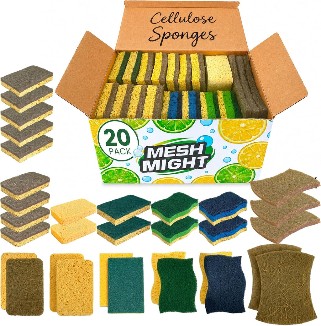 Kitchen Sponges, 20 Count, Plant-Based Cellulose + PET Scrub Sponge Set, Scratch & Non- Scratch Dish Sponges, Assorted Cleaning Sponges