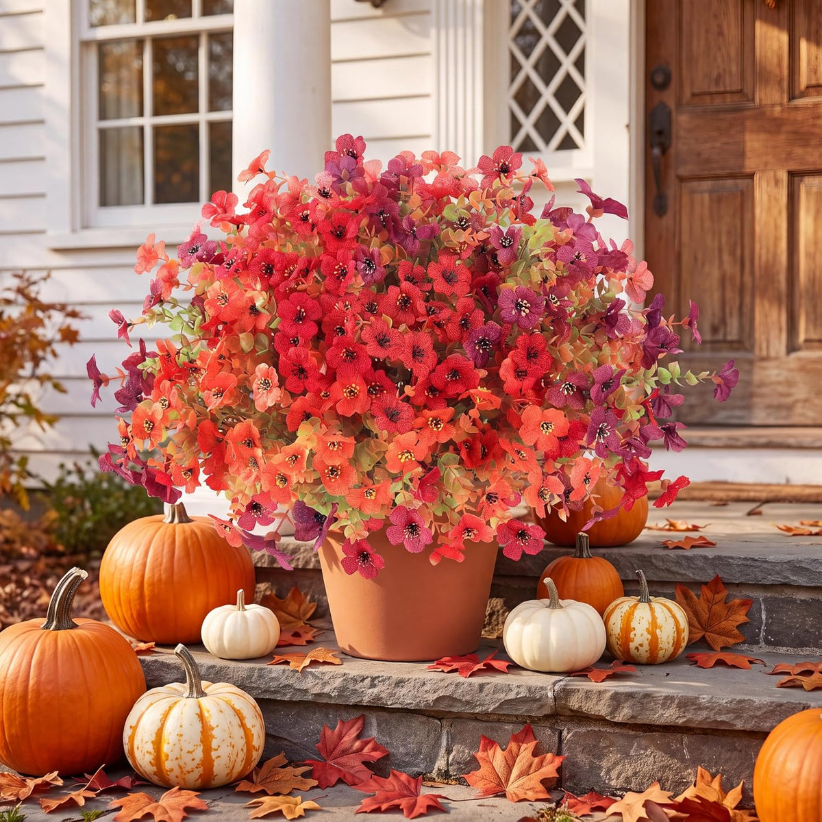 Sggvecsy Artificial Flowers for Outdoors 12 Bundles Realistic Faux Plants Fake Silk UV Resistant Flower for Boxwood Planter Patio Porch Outside(Orange Pink Red Burgundy)