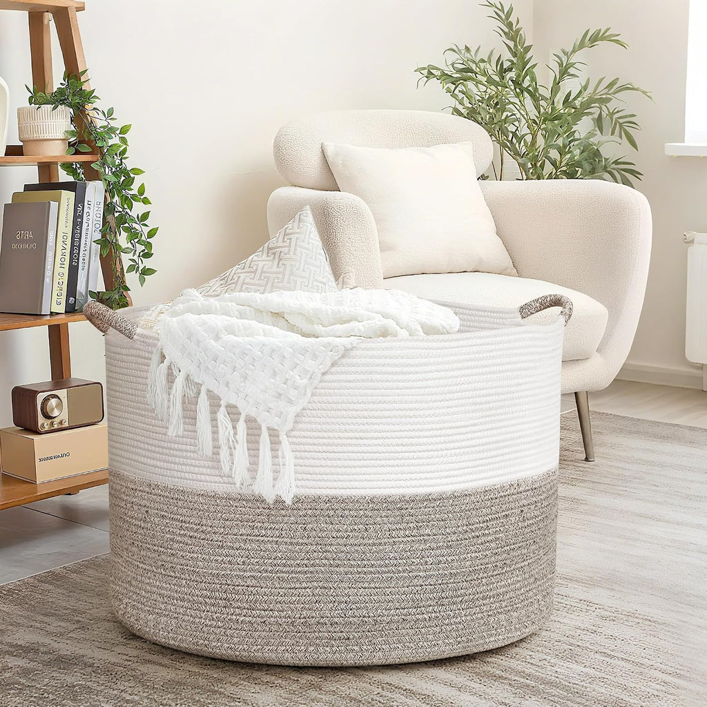 XXXXL 125L Extra Large Blanket Basket, 24.8" x 16" Jumbo Woven Basket (Includes 2 Cute Baskets), Cotton Rope Basket with Handle for Living Room, Baby Toys Nursery, Laundry (White/Light Grey)