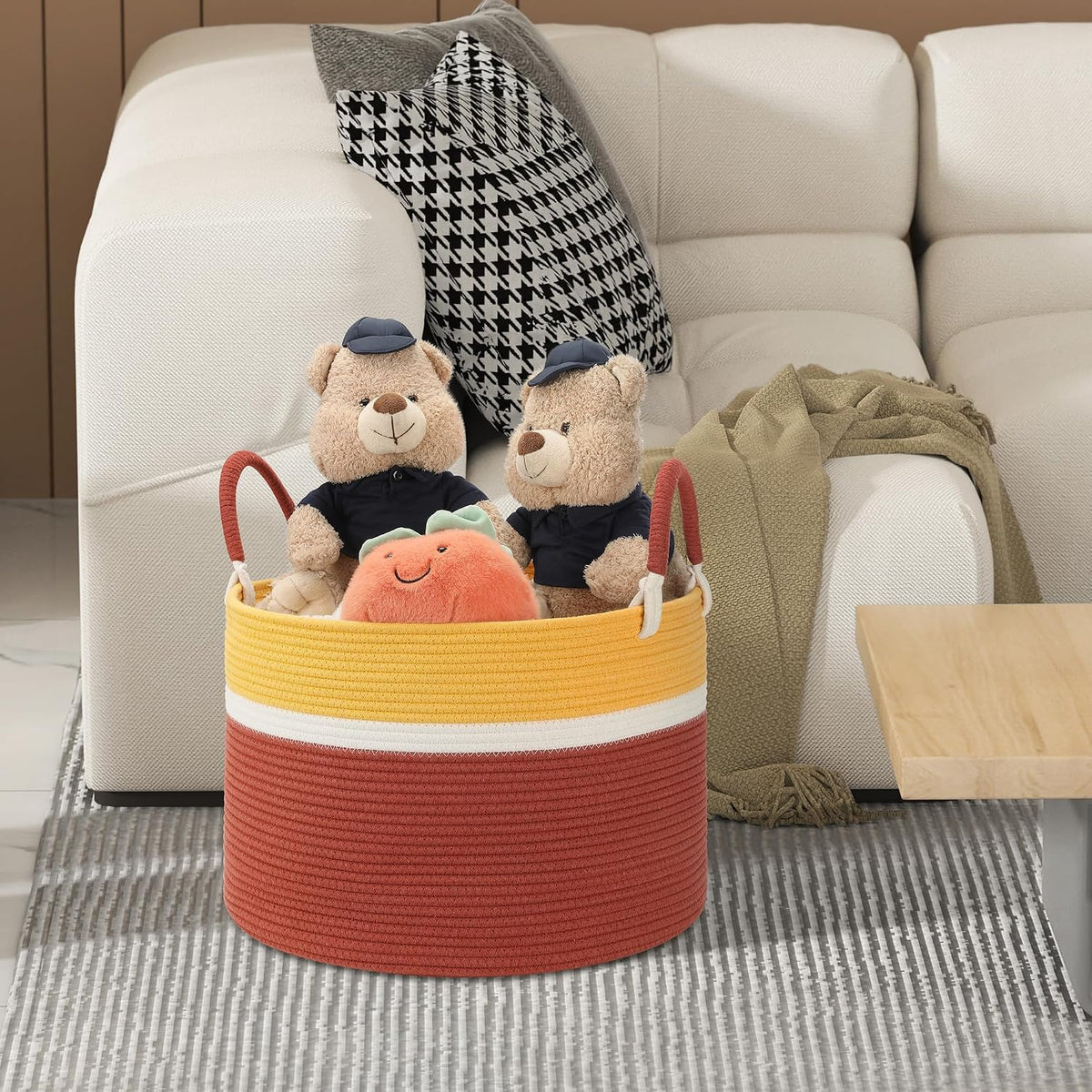 Large Blanket Basket (20"x13"),Woven Basket for Storage Dirty Clothes for Laundry, Living Room, Nursery, Bedroom Rope Storage Basket for Blankets（Yellow/Brown）