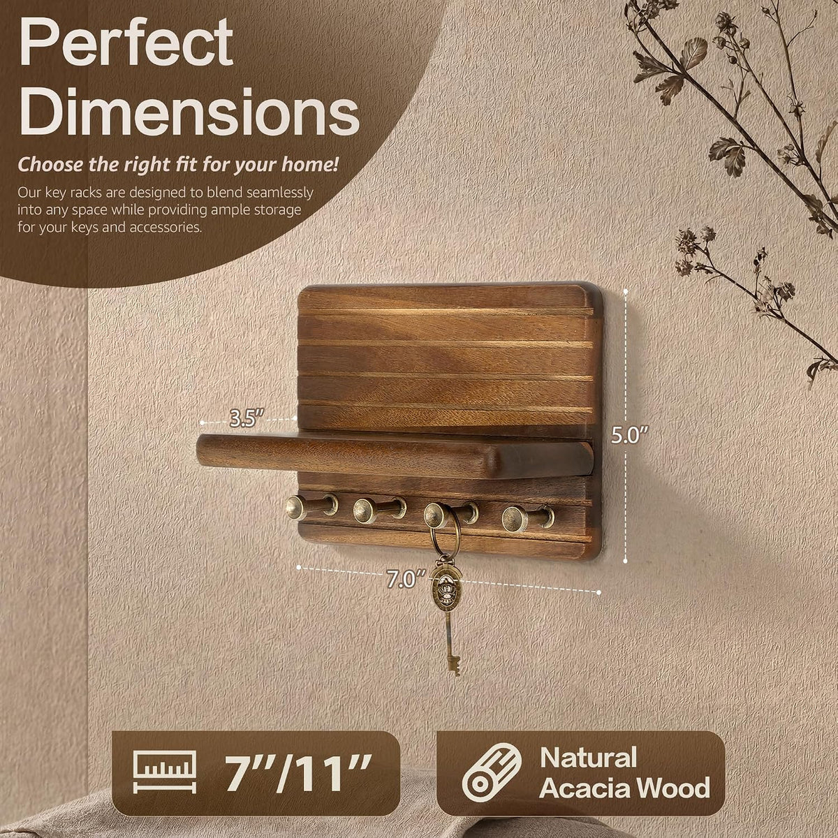 Rebee Vision Acacia Wood Key Holder Wall Mount with Shelf, Key Hooks, Brown