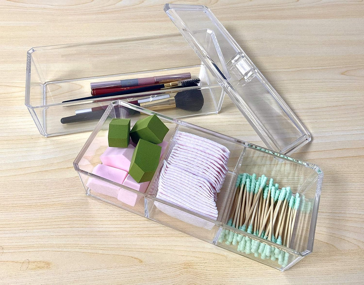 Square Acrylic Cotton Ball Pads Gauze Swab Holder Organizer Q-tip Dispenser Storage Canister Bathroom Container Flossers Box Case (9.3x3.7x5.1 in, 2 Tiers, 4 Partitions, Transparent)