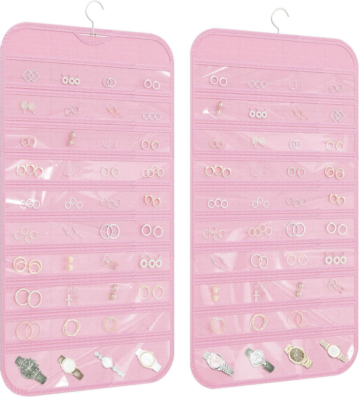 Hanging Jewelry Organizer 80-Pocket Double-Sided Storage, 2-Pack, Pink