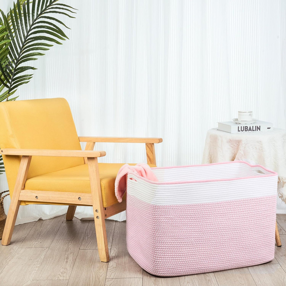 MINTWOOD Design 112L Extra Large Blanket Basket Holder Living Room, 25"x17"x16" Rectangle Rope Woven Storage Basket with Handles for Laundry, Towels, Shoes, Dog Toy Organizer Bin Box, Light Pink