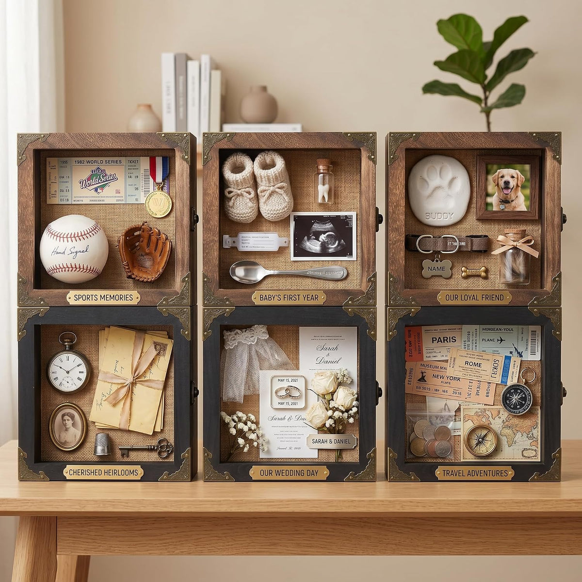 8x8 Deep Shadow Box Frame, 4.7" Depth Rustic Burnt Wood Display Case with Real Glass Door, Vintage Metal Corner Decor, Memory Box for Medals Photos Flowers Awards Wedding Keepsakes
