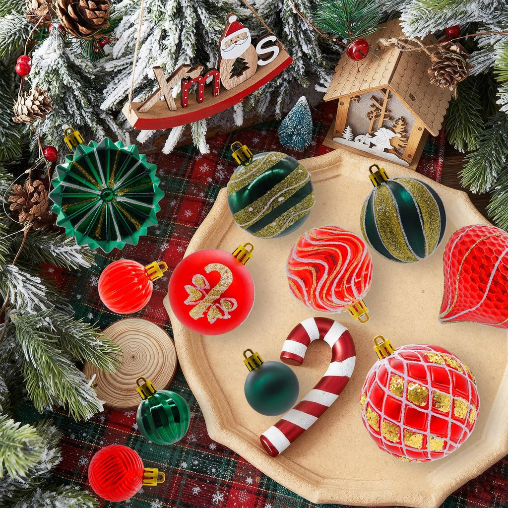 48PCS Christmas Balls Ornaments Set, 3.15 Inch Plastic Green and Red Christmas Baubles Hanging Balls for Xmas Tree Decorations