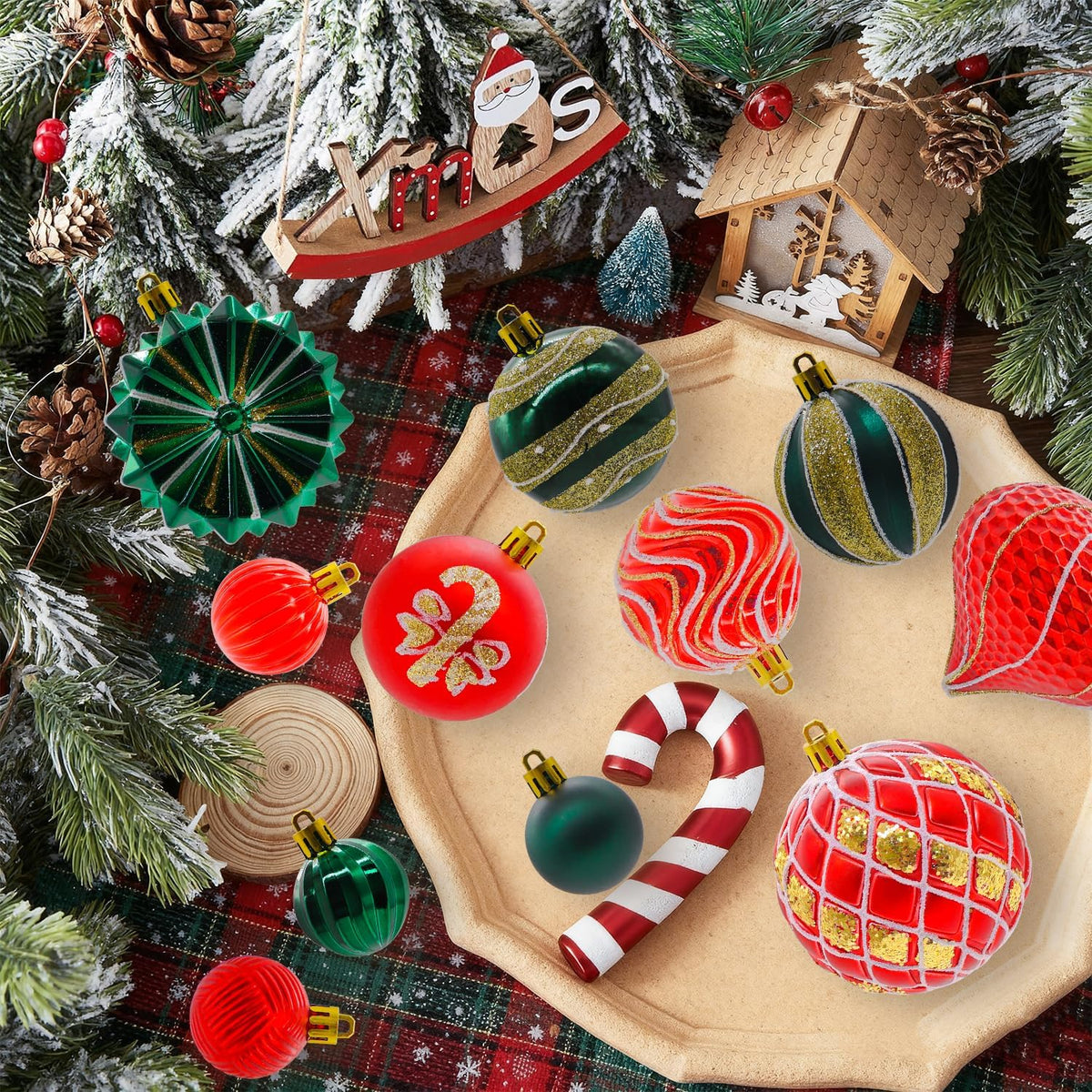 48PCS Christmas Balls Ornaments Set, 3.15 Inch Plastic Green and Red Christmas Baubles Hanging Balls for Xmas Tree Decorations