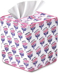CPC 100% Cotton Piping Block Print Tissue Box Cover, Pink Sapphire