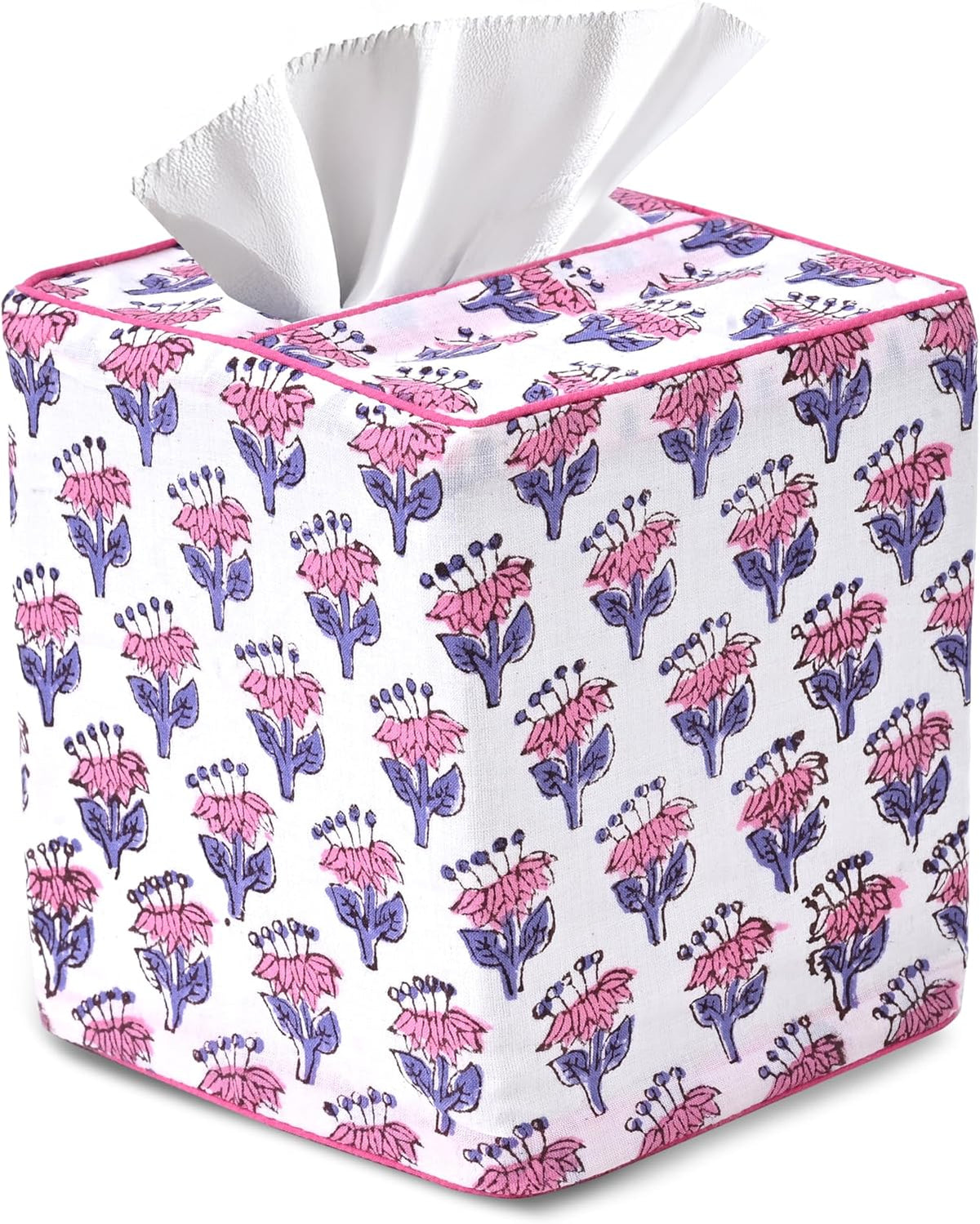 CPC 100% Cotton Piping Block Print Tissue Box Cover, Pink Sapphire
