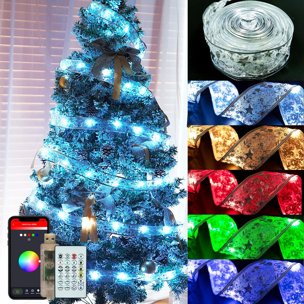 Smart Christmas Tree Ribbon String Lights, 33ft 80 Modes Colors Changing Ribbon Light for Christmas Tree, APP & Remote Control, Sync Musical, Timer, USB (Silver)