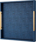 Navy Blue Faux Leather Large Square Decorative Serving Tray with Handles – for Coffee Table, Ottoman, Living Room, Bathroom & Home Decor