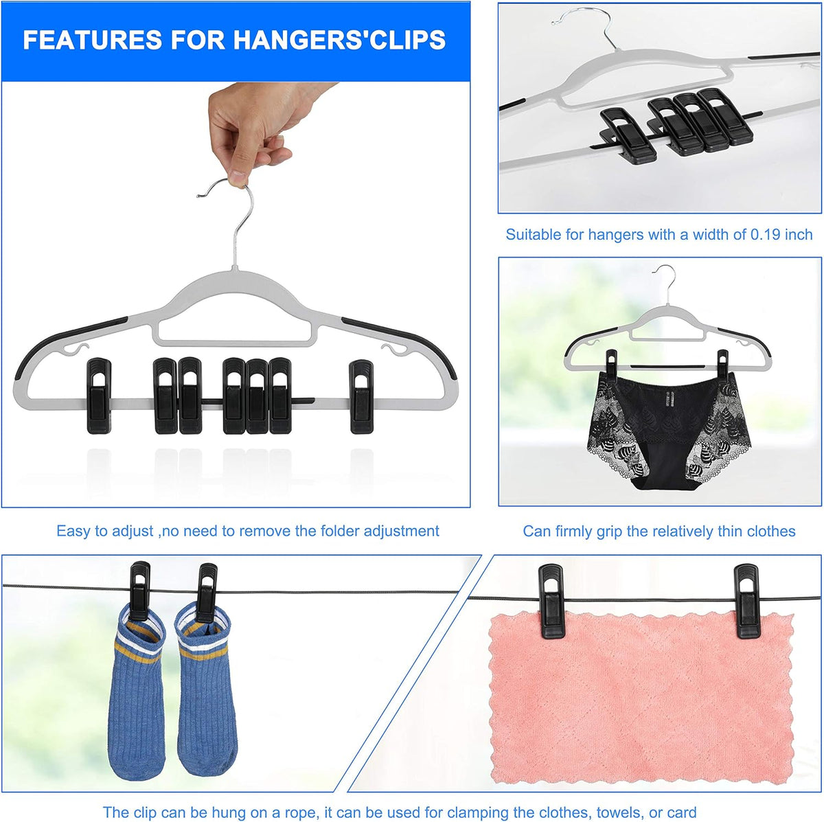 Tinfol Black Plastic Hanger Clips 40 Pack, Large Opening Pant Clips, Strong Pinch Grip Clip for Slim-line Clothes Hangers, Multi-Purpose Finger Clip for Skirt Pant Hangers