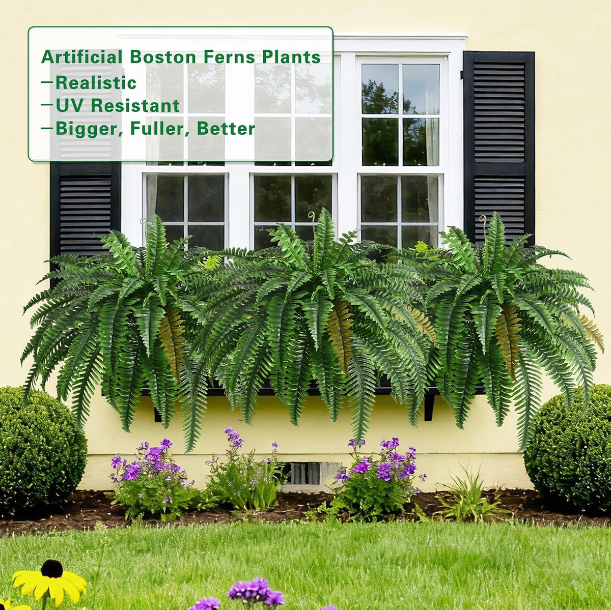 4PCS 45in Fake Ferns- Outdoor Faux Plants, Large UV Resistant Artificial Ferns for Outdoors, Weatherproof Faux Boston Fern Realistic Fake Artificial Plant for Porch Home Garden Patio Hanging Decor