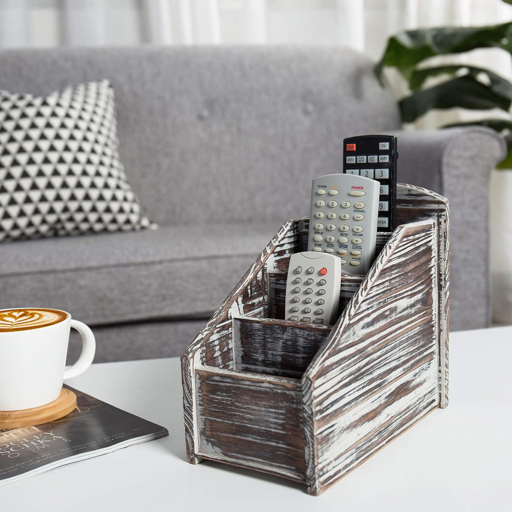 MyGift Torched Wood Remote Control Holder, 4-Compartment Tabletop Caddy