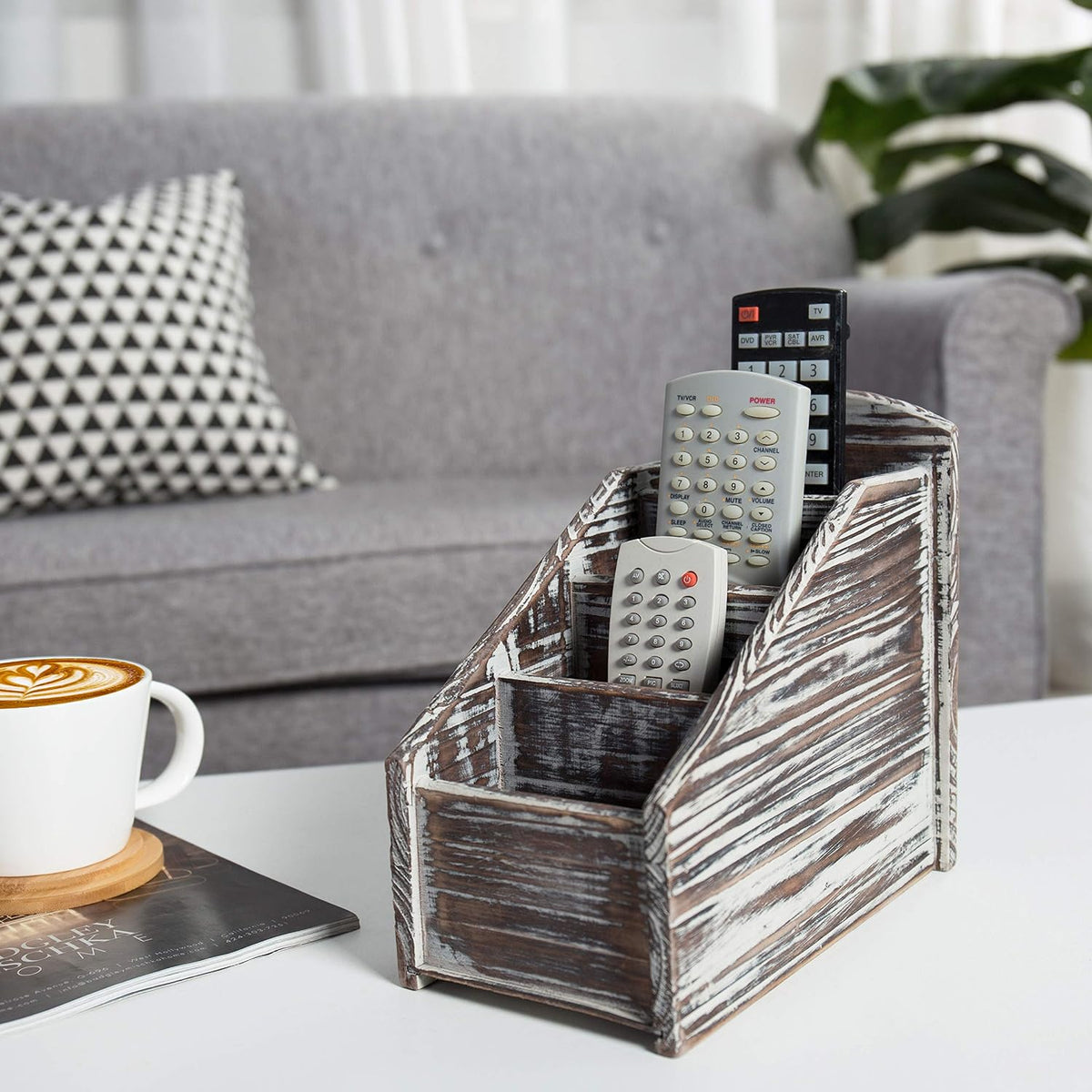 MyGift Torched Wood Remote Control Holder, 4-Compartment Tabletop Caddy