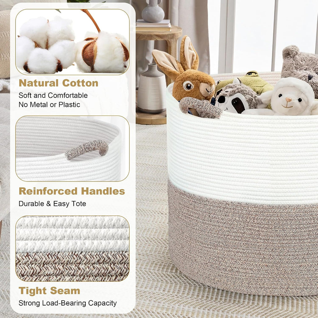 XXXXL 125L Extra Large Blanket Basket, 24.8" x 16" Jumbo Woven Basket (Includes 2 Cute Baskets), Cotton Rope Basket with Handle for Living Room, Baby Toys Nursery, Laundry (White/Light Grey)