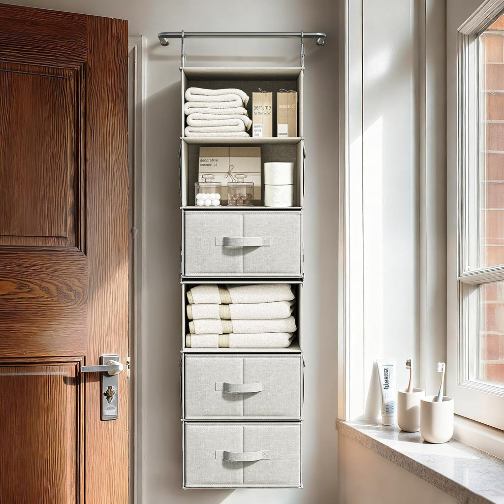 6-Shelf Hanging Closet Organizer with 3 Drawers, Separable, Silver Gray