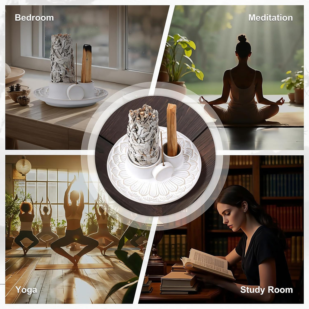4 in 1 Incense Holder, Ceramic Incense Stick and Palo Santo Holder,Sage Holder for Burning- 5.5" Ceramic Ash Catcher Tray for Meditation and Yoga Room (White)