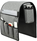 Sofa Armrest Organizer Couch Remote Holder, Sofa Caddy Bedside Organizer Recliner Armchair Accessory for iPad Tablet Phone Magazines in Home Bedroom Office Hotel, 5 Pockets with Font Side Drink Holder