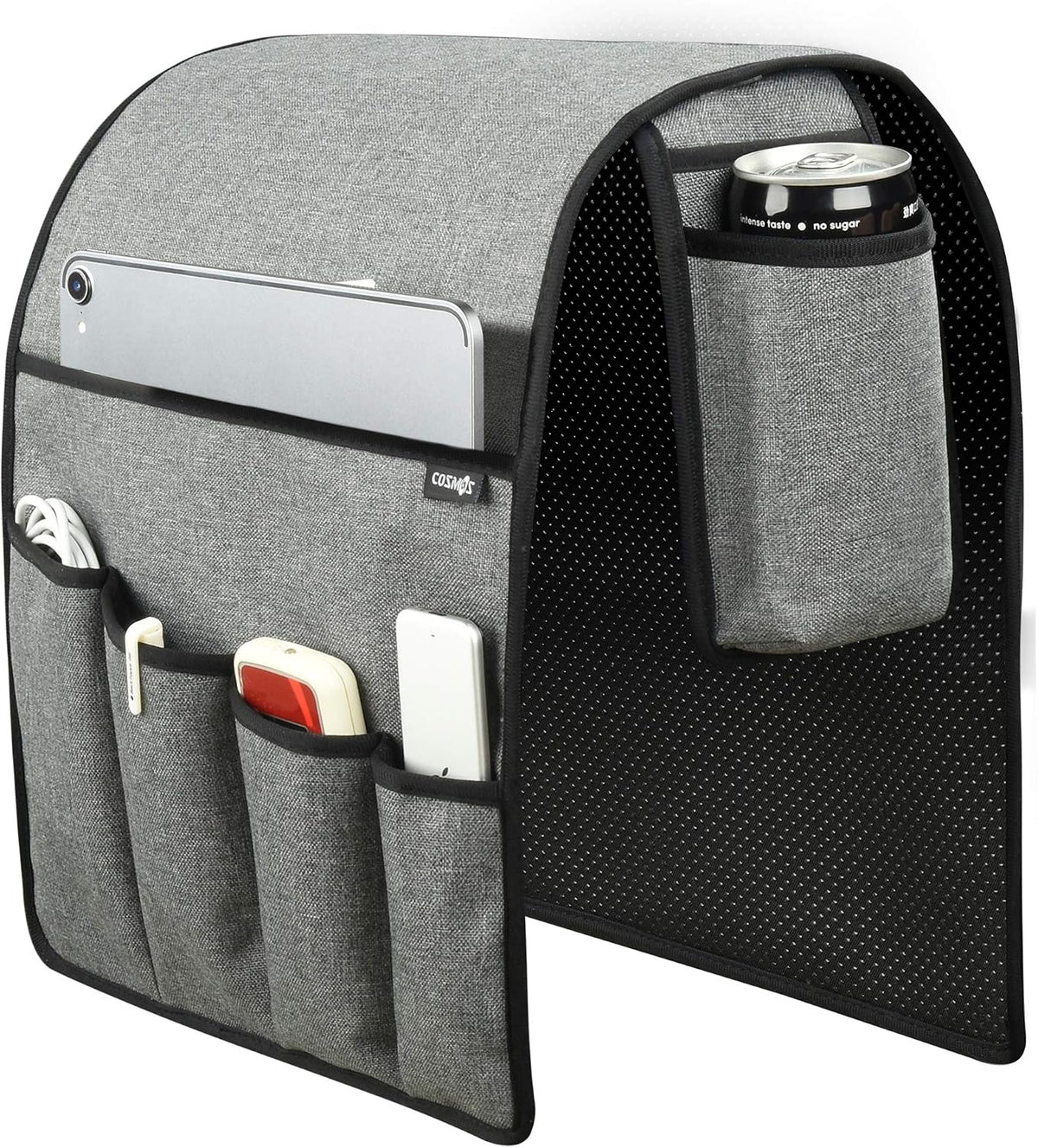 Sofa Armrest Organizer Couch Remote Holder, Sofa Caddy Bedside Organizer Recliner Armchair Accessory for iPad Tablet Phone Magazines in Home Bedroom Office Hotel, 5 Pockets with Font Side Drink Holder