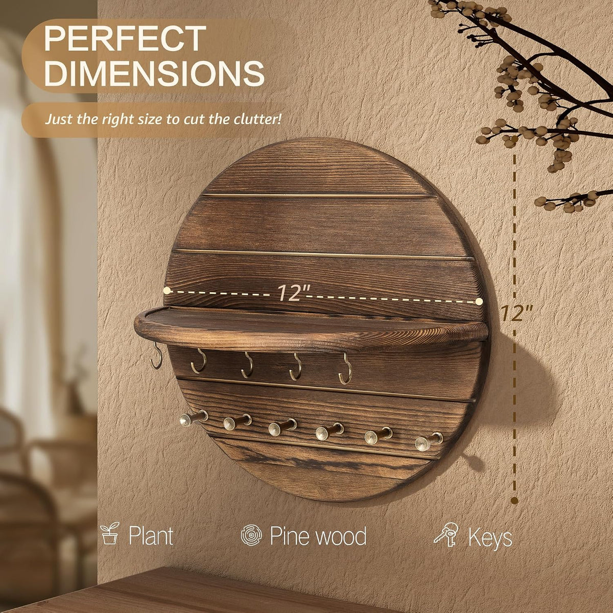 Rebee Vision Pine Wood Round Key Holder Wall Mount for Home Decor, Brown