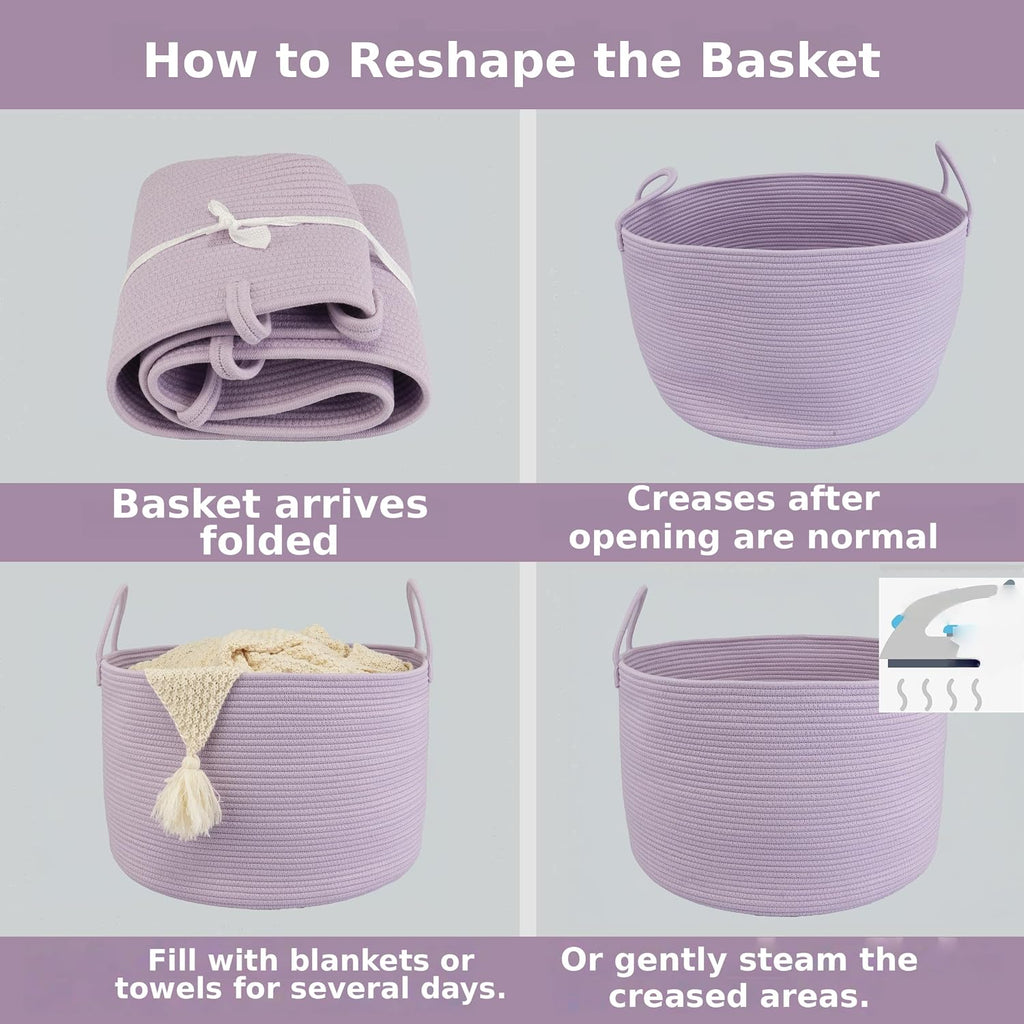 XUANGUO 66L Large Blanket Basket, Round Cotton Rope Basket, Purple
