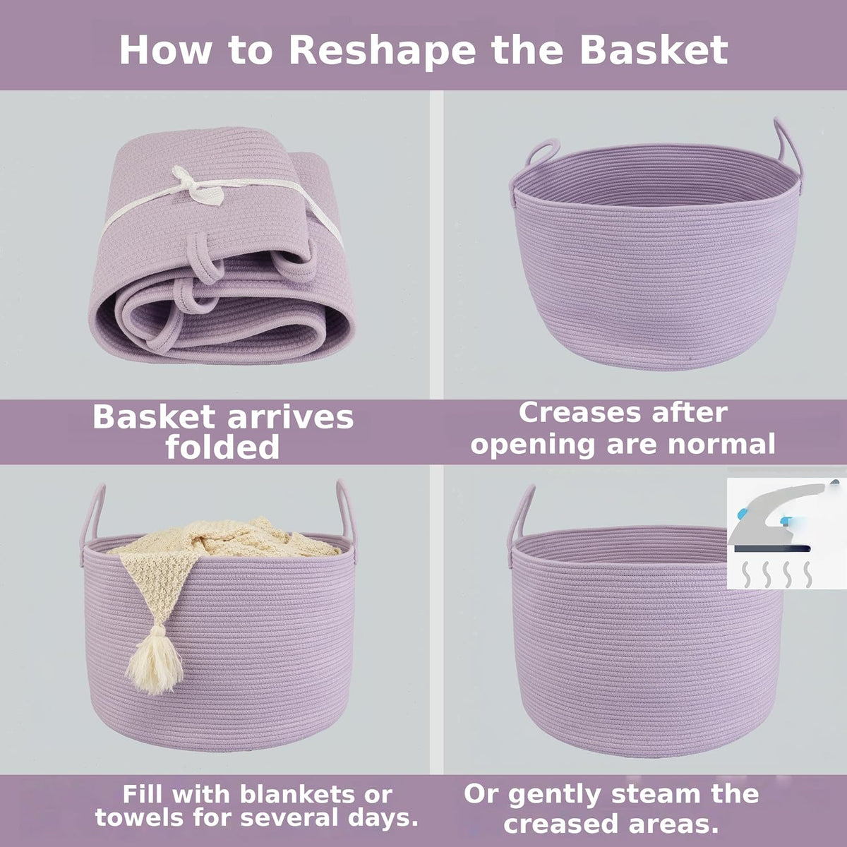 XUANGUO 66L Large Blanket Basket, Round Cotton Rope Basket, Purple