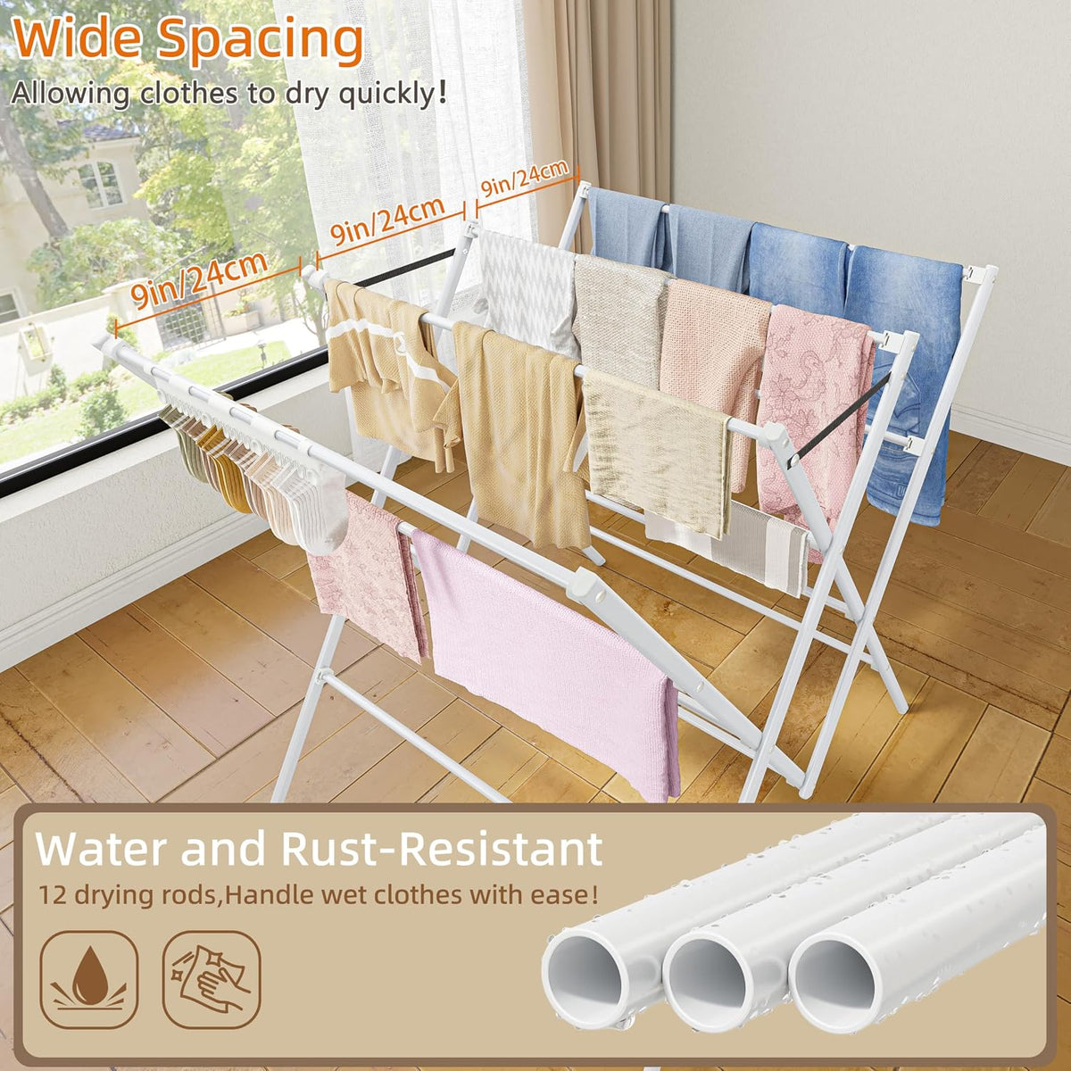 Drying Rack Clothing,12 Drying Poles with Sock Clips Clothes Drying Rack
