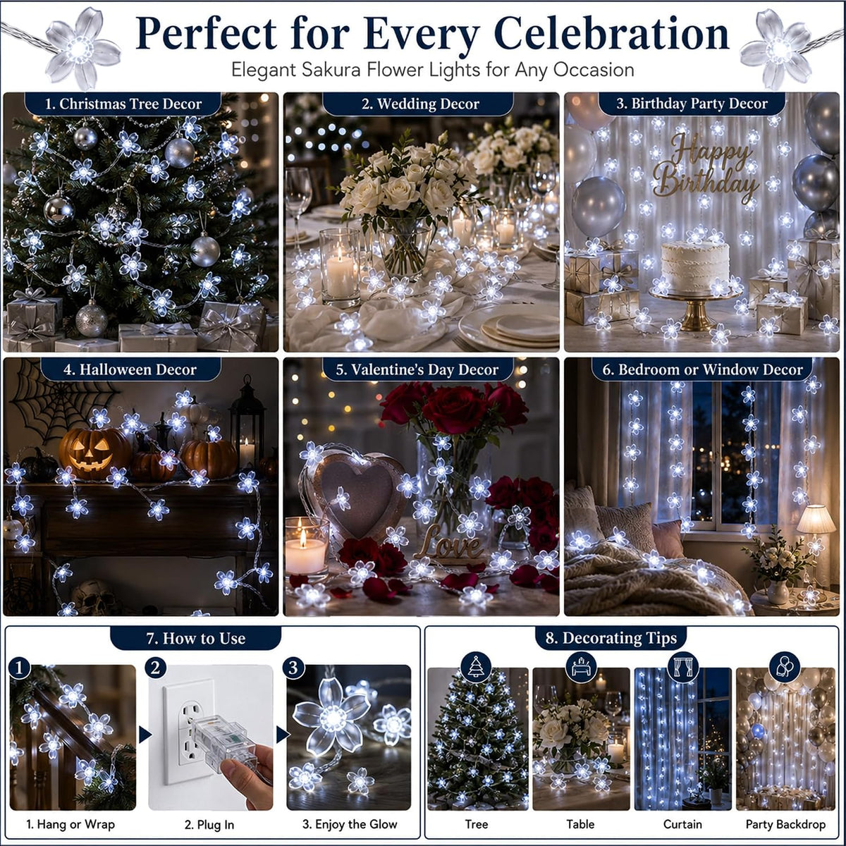 33ft 100 LED Plug in White Cherry Blossom Christmas Flower String Lights