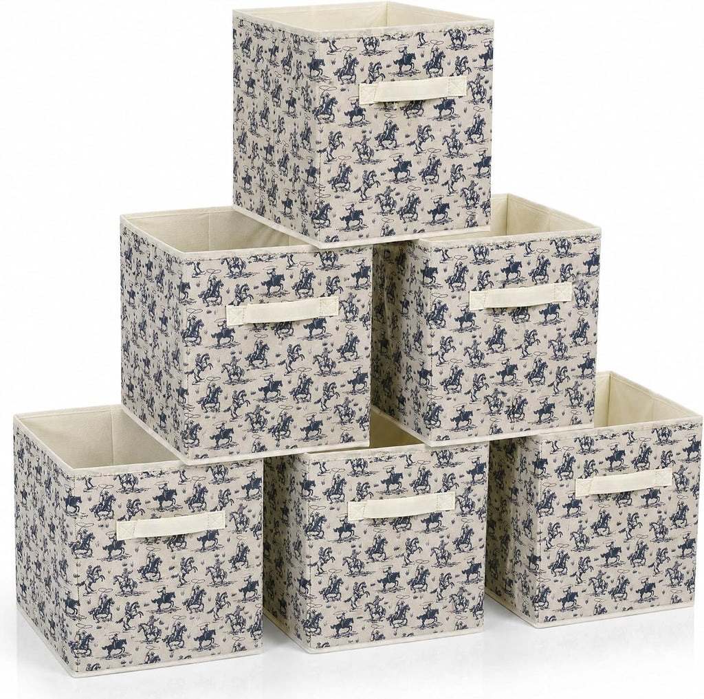 6 Pcs western Cow Cube Storage Bins 12.5 inch with Handle（Navy western）