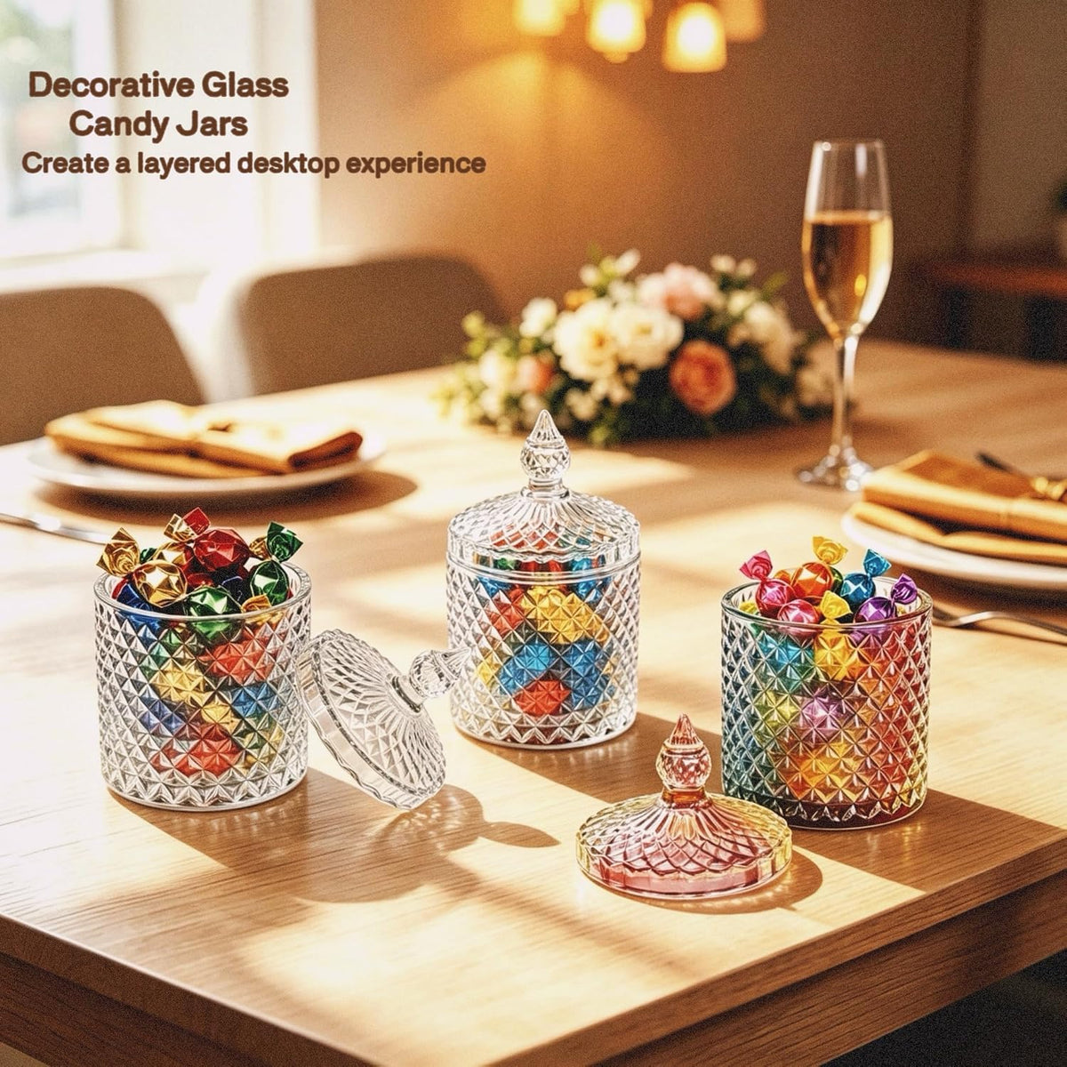 3 Pack Q-tip Holder Thick Glass Apothecary Jars with Lids & Tray For Bathroom Decor Suitable for Cotton Swabs, Balls, Pads, Floss Picks, Candy, Jewelry and Desk Decoration
