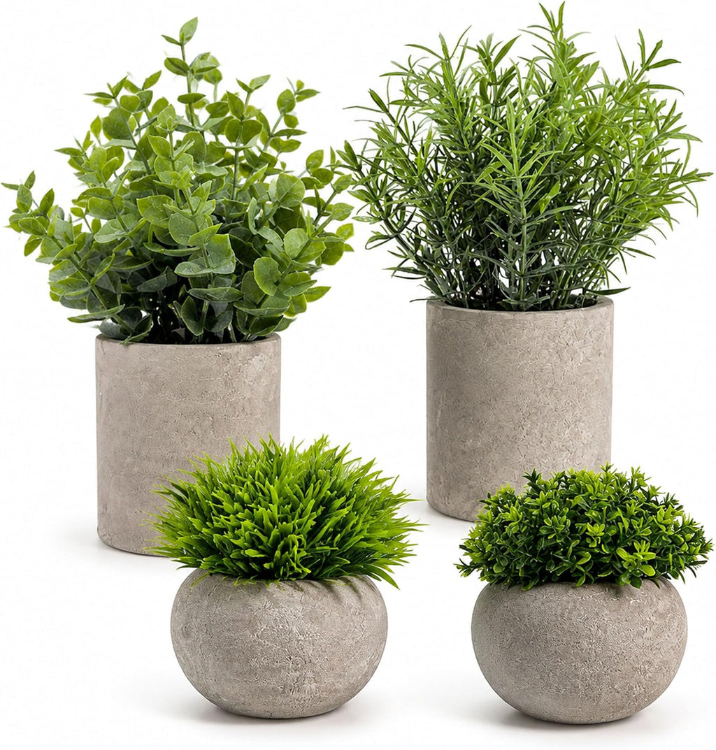 Set of 4 Small Artificial Plants in Pots, Faux Greenery Cement Desk