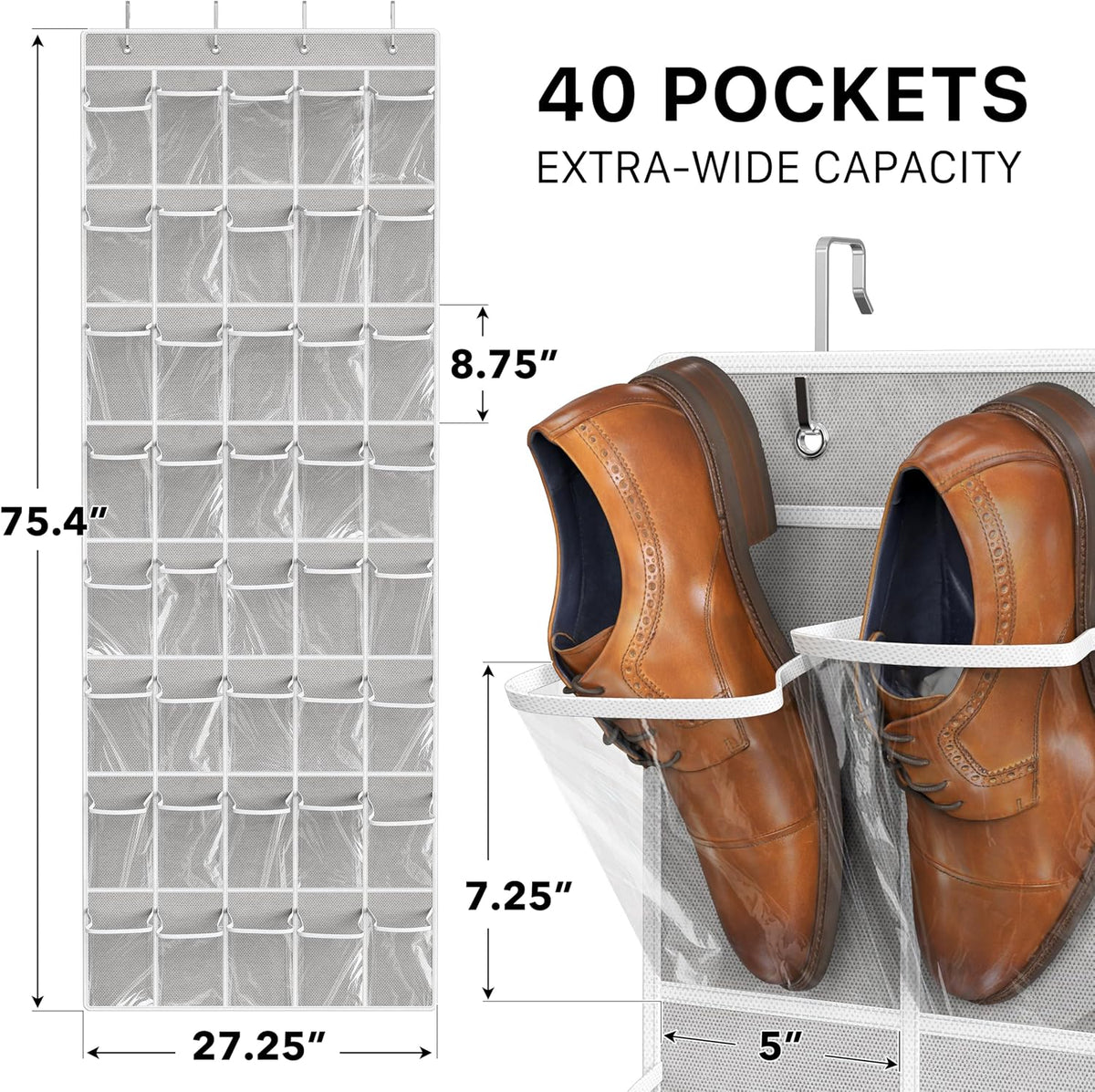 Simple Houseware 40 Pockets Large Clear Over the Door Shoe Organizer, Gray