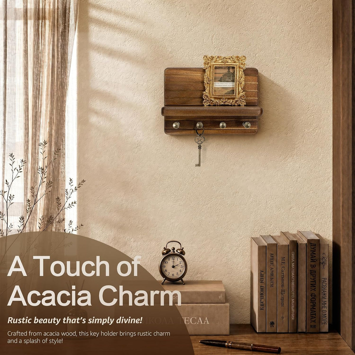 Rebee Vision Acacia Wood Key Holder Wall Mount with Shelf, Key Hooks, Brown