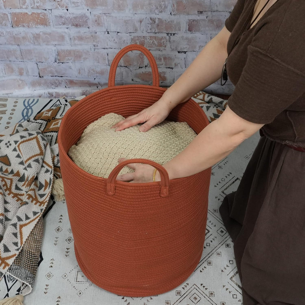 XUANGUO Cotton Rope Laundry Basket Hamper for Clothes Large Rust Red