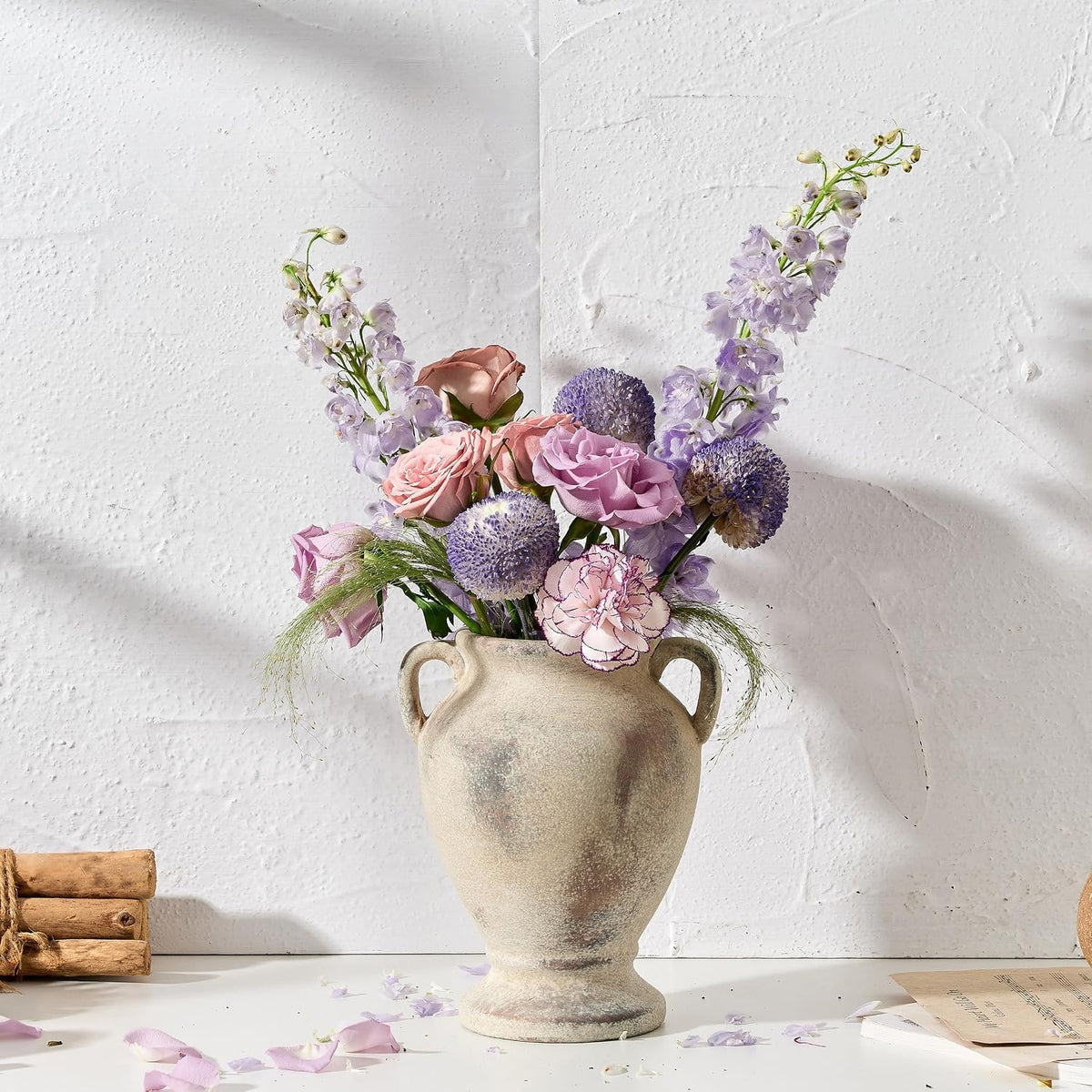 PORCER Ceramic Rustic Flower Vase with Handles, 8.46 Inch Tall Vintage Pottery Home Decor, Farmhouse Terracotta Vase for Living Room, Table, Shelf, Mantel Decoration, Farmhouse- Brown