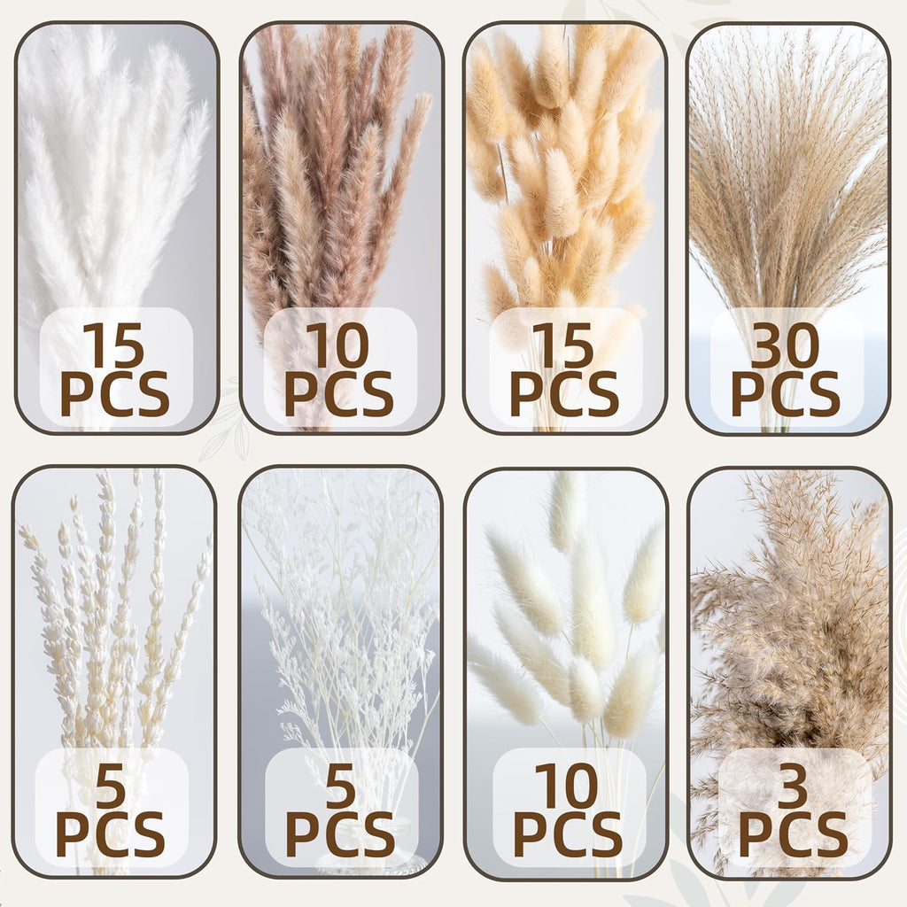 Natural Pampas Grass 8kind Grass Mix Bouquet | Dried Pampas Bouquet for Wedding Boho Flowers Home Table Desk Decor, Rustic Farmhouse Decor (93PCS) (Pack of 2)