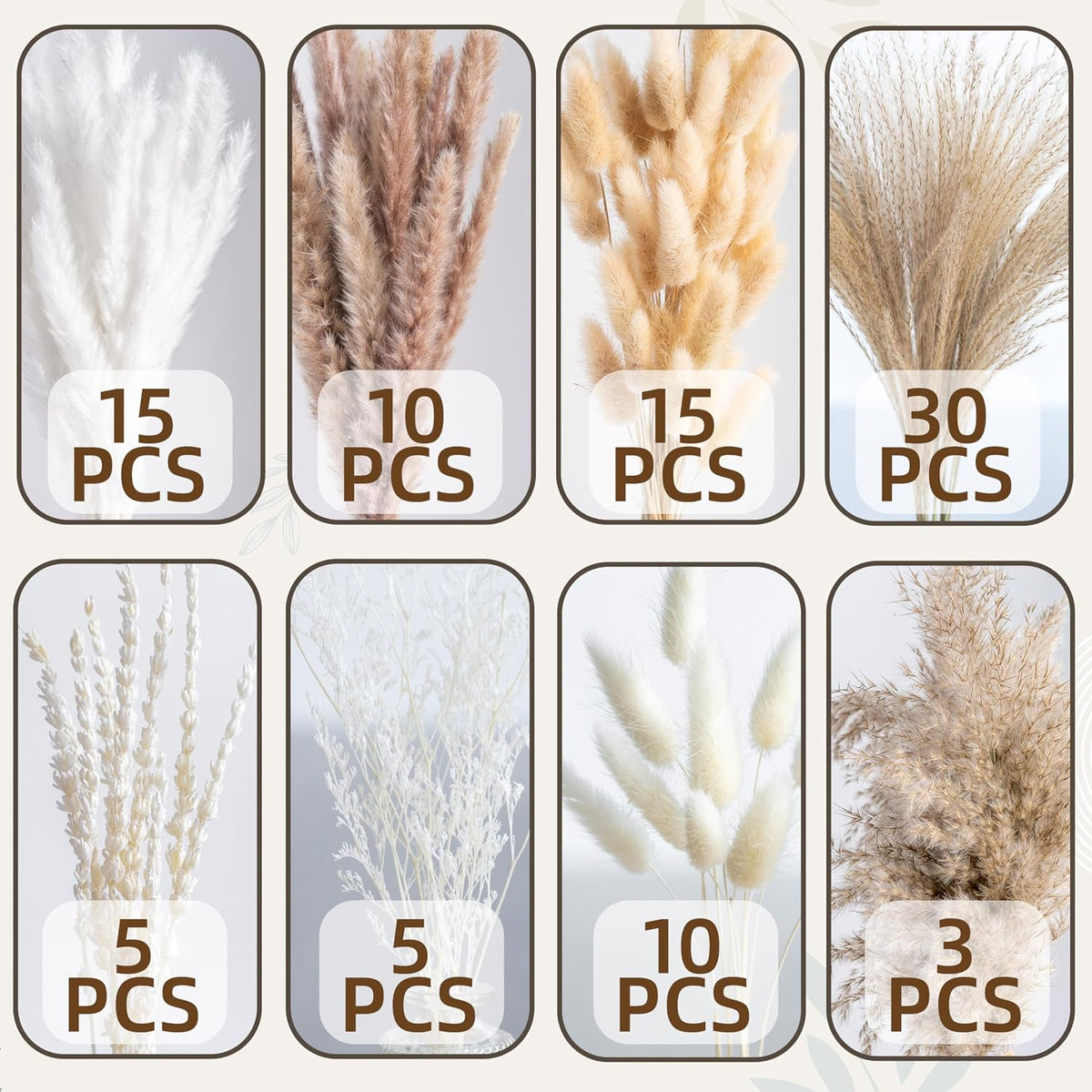 Natural Pampas Grass 8kind Grass Mix Bouquet | Dried Pampas Bouquet for Wedding Boho Flowers Home Table Desk Decor, Rustic Farmhouse Decor (93PCS) (Pack of 2)