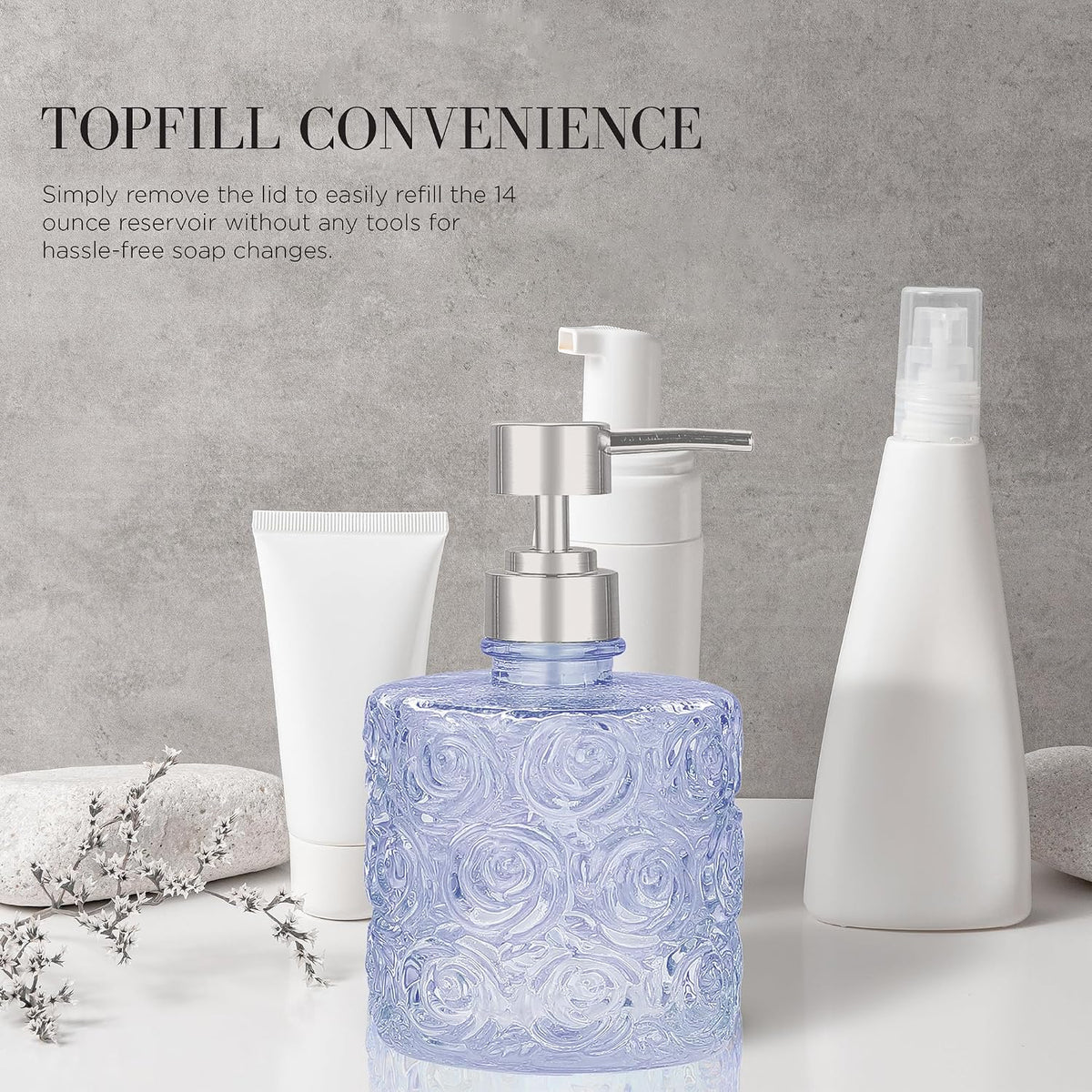 Marcella Glass Soap Dispenser with Soap Pump, Refillable 14 Ounce Capacity, Floral Design Rose Patterns, Heavy Weight Thick Glass for Bathroom, Premium Kitchen Soap Dispenser Cornflower Blue