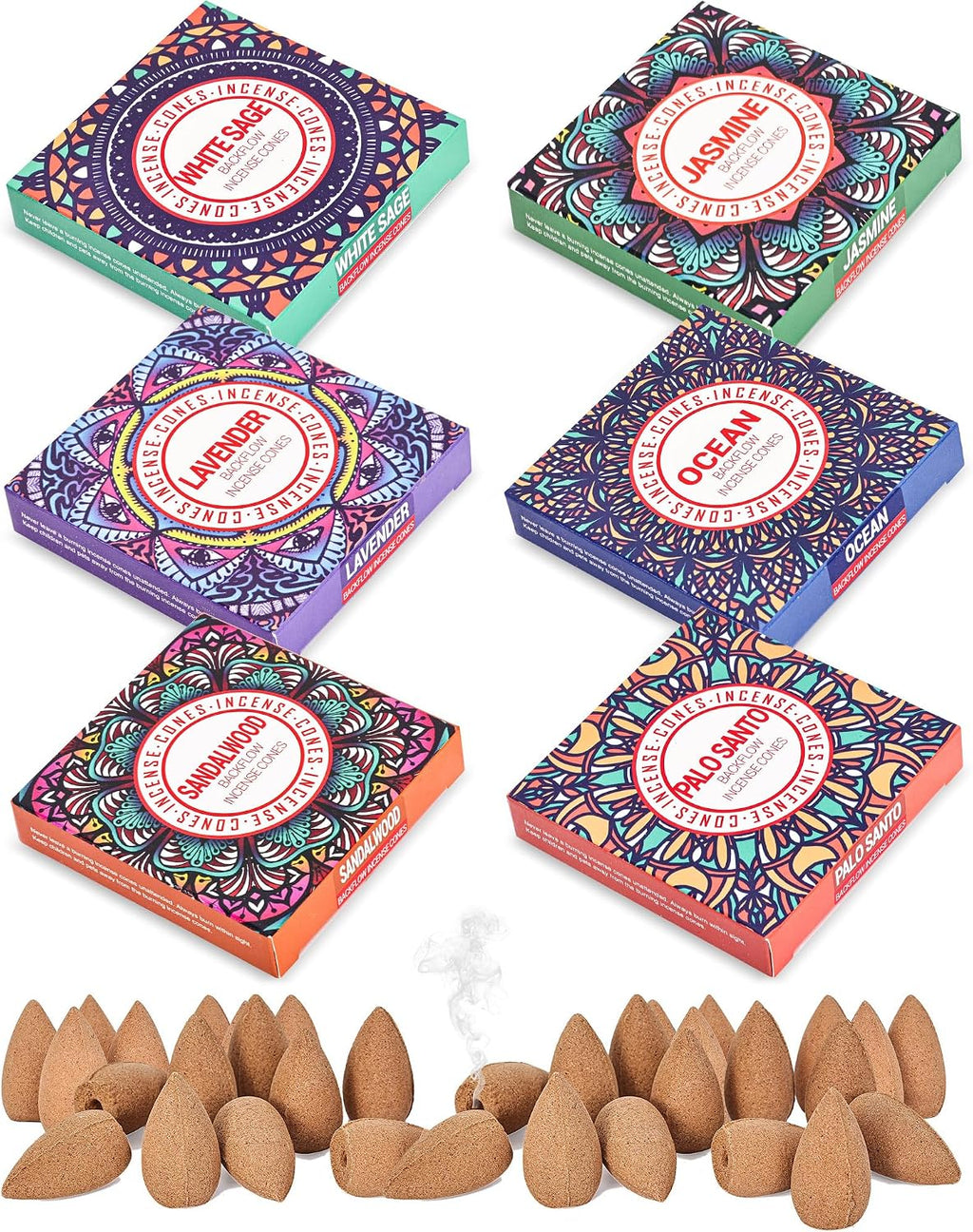 Backflow Incense Cones - 6 Mixed Natural Scents - Sandalwood, Lavender, Jasmine, Ocean, White Sage, Palo Santo, for Purification, Relaxation, Yoga, Meditation