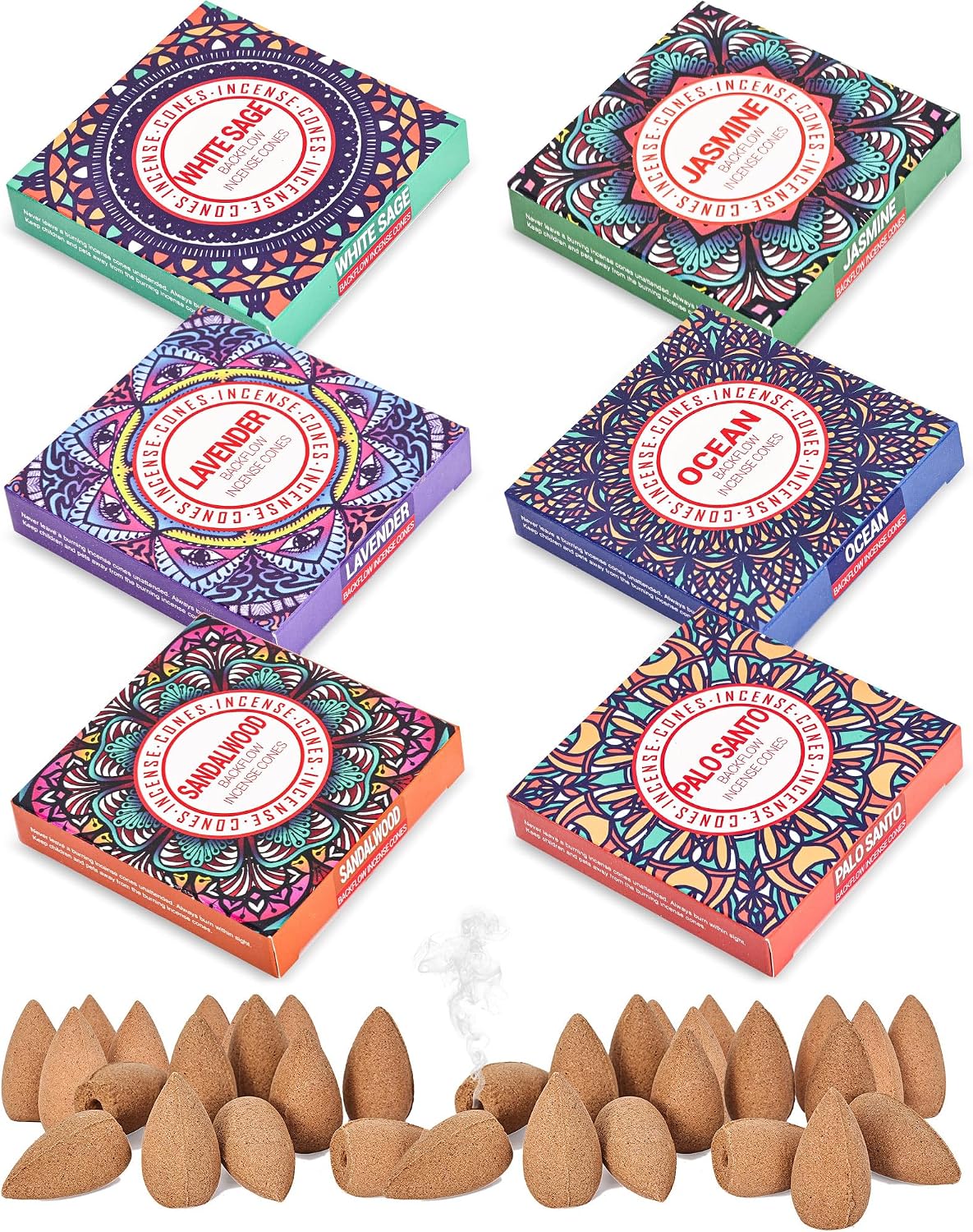 Backflow Incense Cones - 6 Mixed Natural Scents - Sandalwood, Lavender, Jasmine, Ocean, White Sage, Palo Santo, for Purification, Relaxation, Yoga, Meditation