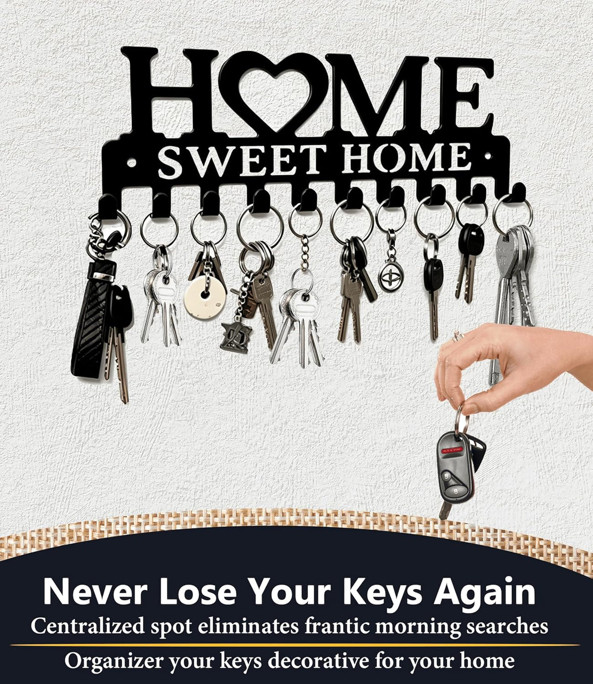 Key Holder Hooks Organizer Hanger Rack Wall Mounted Sweet Home Metal Decor Stylish and Practical for Entryway Front Door Kitchen Hallway Garage Mudroom Office Hardward Included Black (Sweet 10 Hooks)