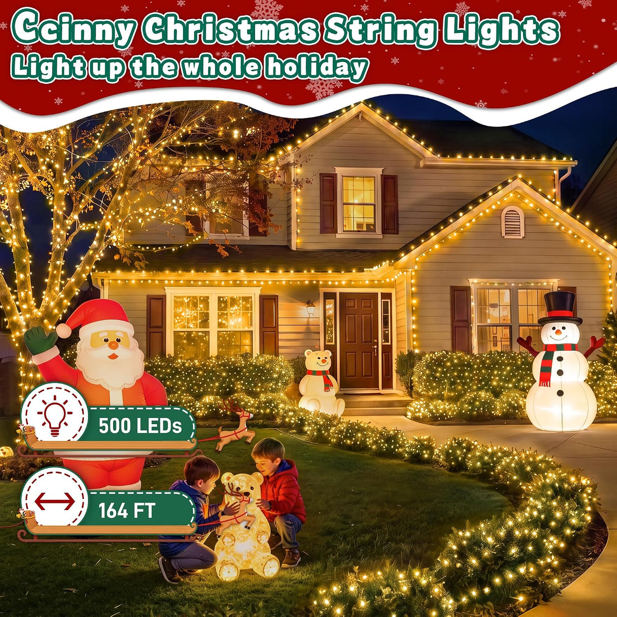 Outdoor Christmas Lights 500 LED 164FT, 13 Modes Warm White