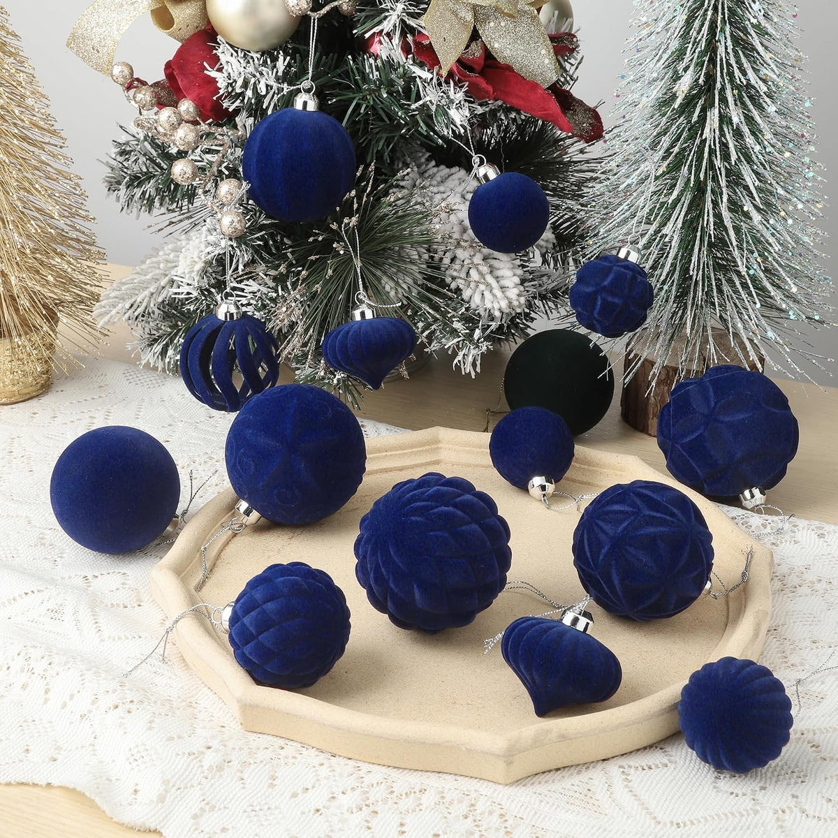 36pcs Velvet Christmas Ball Ornaments Set, Flocked Shatterproof Christmas Ornaments, Xmas Tree Decorations Set Hanging Ornaments Decor for Xmas Holiday Party Home (Navy Blue)