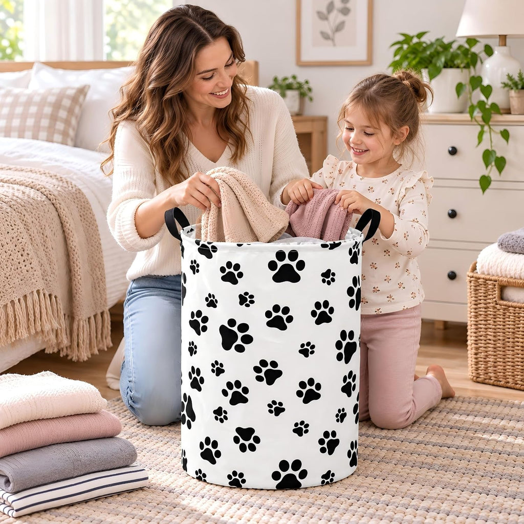 Paw Print Round Kids Laundry Basket Gift Basket Storage Laundry Hamper Laundry Basket Baby Toys Nursery Bin with Handles,Storage Basket for Kids Room Bedroom Decor