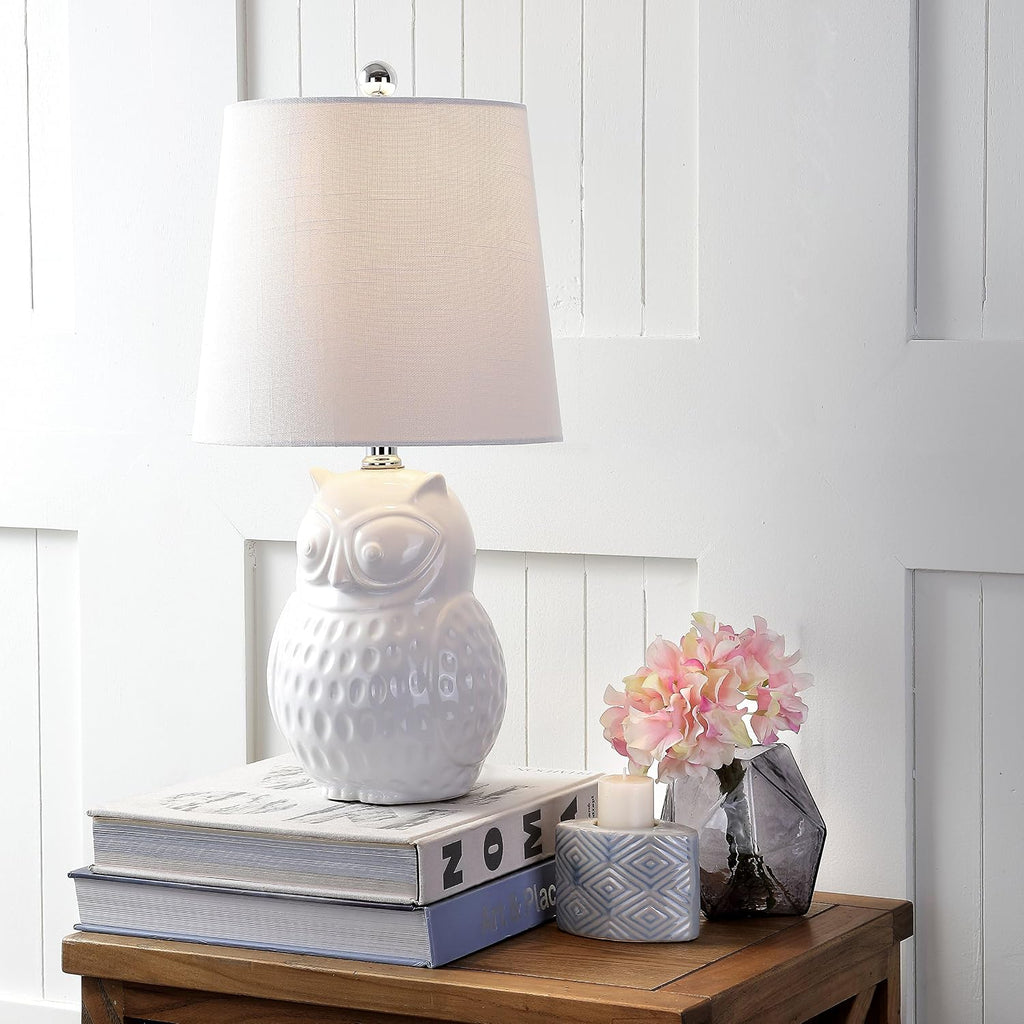 JONATHAN Y Hoot Owl Ceramic Table Lamp 20.5" Bedside Light, White